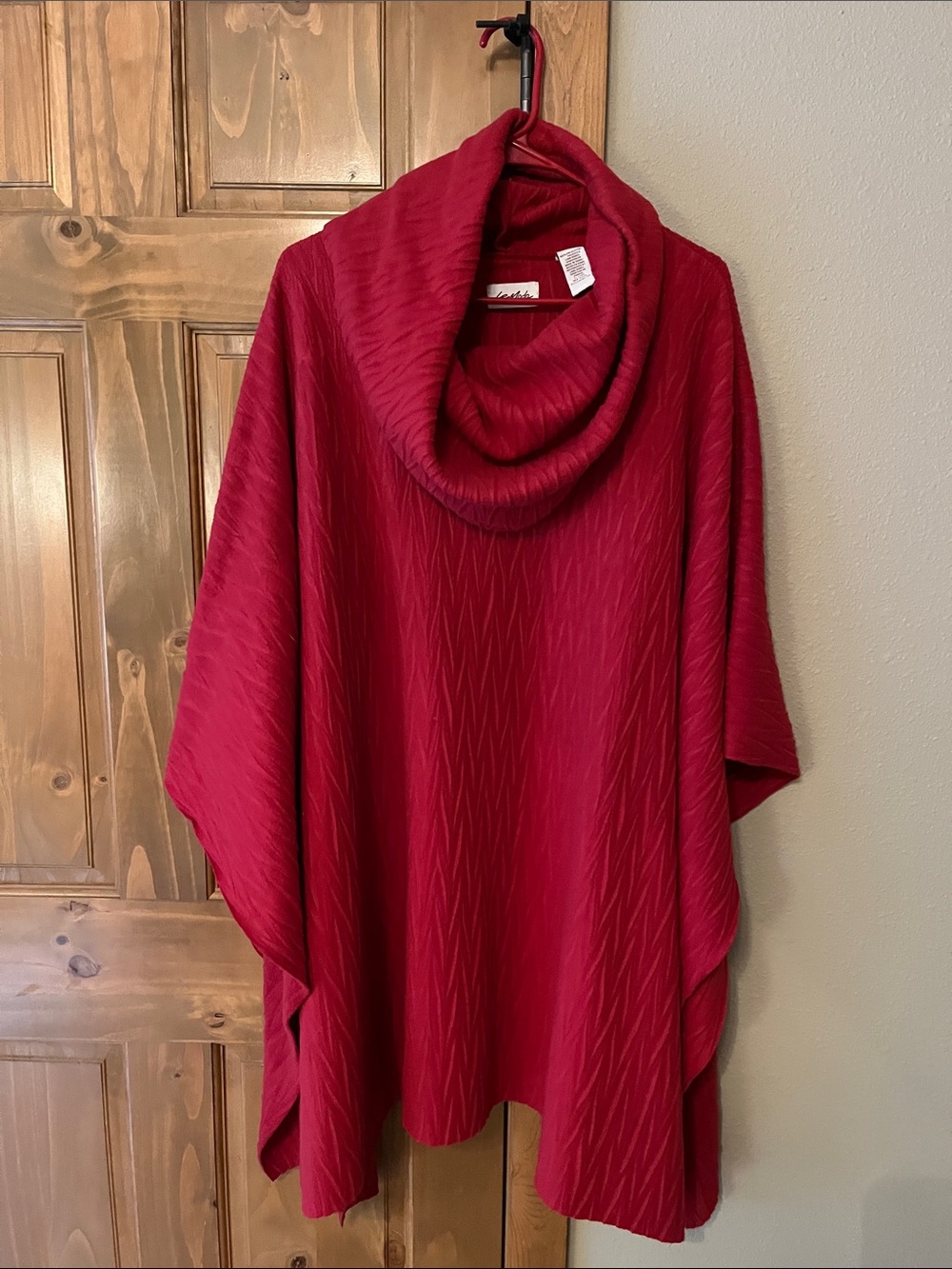 Cowl-Neck Red Poncho with Subtle Texture